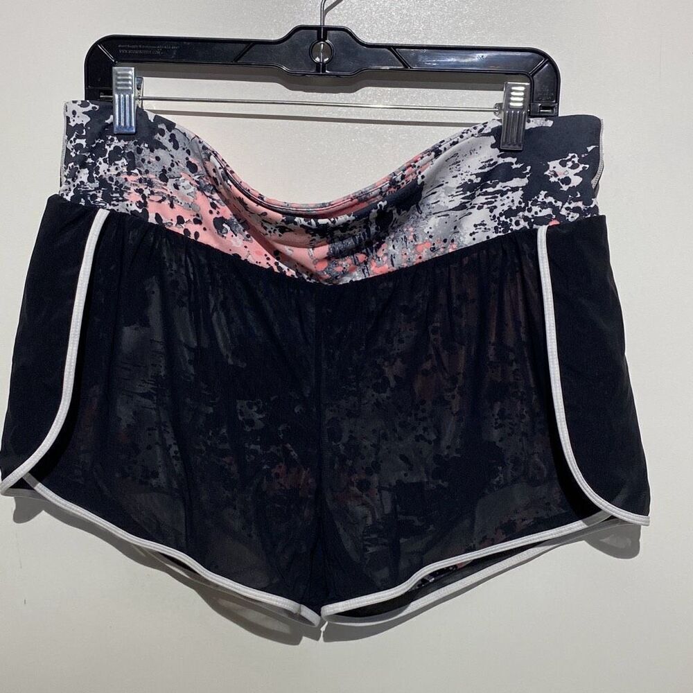 Womens‎ Black Mesh Running Shorts Pink Splatter Waistband Zipper Pocket Athletic